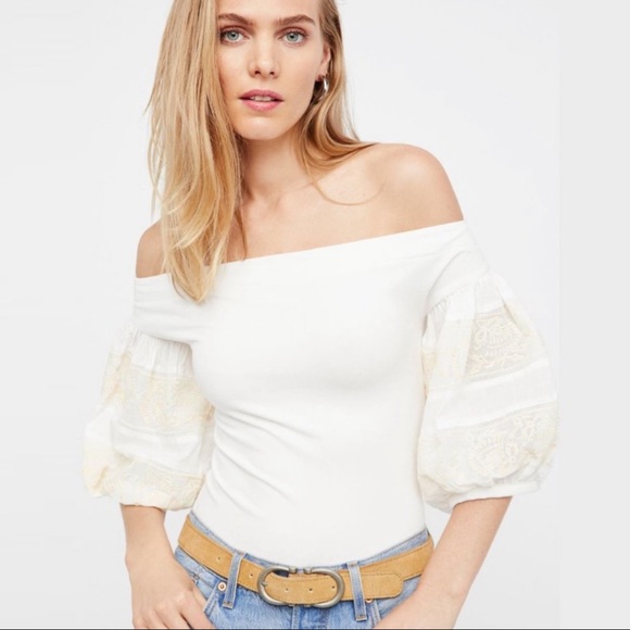 Free People Off The Shoulder Lace Sleeve Top - Picture 1 of 8